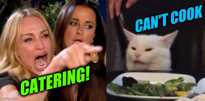 woman yelling at cat cropped | CAN'T COOK; CATERING! | image tagged in woman yelling at cat cropped,catering,can't cook,foodie,real housewives | made w/ Imgflip meme maker