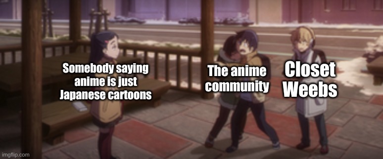 Angry Anime Boy | The anime community; Closet Weebs; Somebody saying anime is just Japanese cartoons | image tagged in memes | made w/ Imgflip meme maker