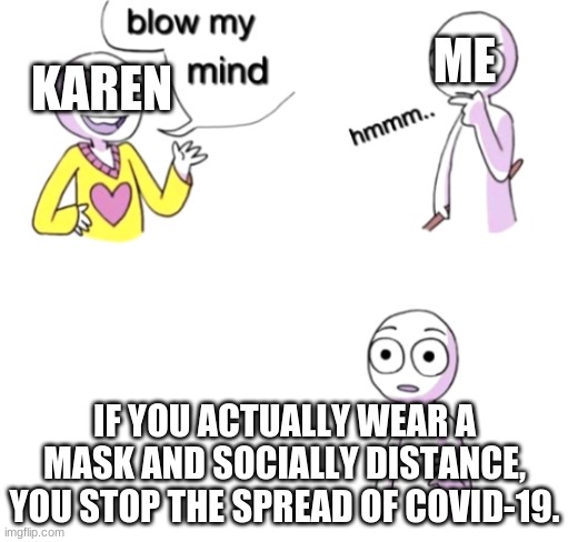 Blow my mind | ME; KAREN; IF YOU ACTUALLY WEAR A MASK AND SOCIALLY DISTANCE, YOU STOP THE SPREAD OF COVID-19. | image tagged in blow my mind | made w/ Imgflip meme maker