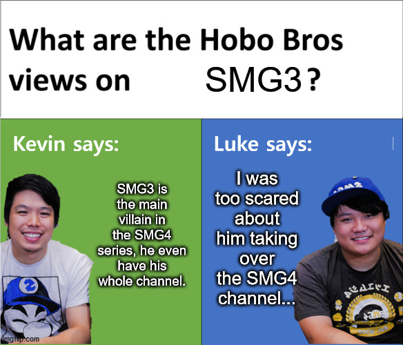 The Hobo Bros talks about SMG4's archnemesis, SMG3! | SMG3; I was too scared about him taking over the SMG4 channel... SMG3 is the main villain in the SMG4 series, he even have his whole channel. | image tagged in kevin says luke says,smg3 | made w/ Imgflip meme maker