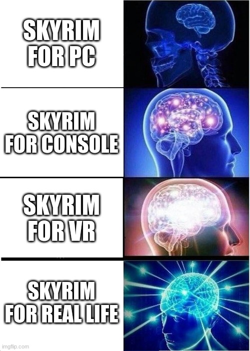 SKYRIM PORTS | SKYRIM FOR PC; SKYRIM FOR CONSOLE; SKYRIM FOR VR; SKYRIM FOR REAL LIFE | image tagged in memes,expanding brain | made w/ Imgflip meme maker