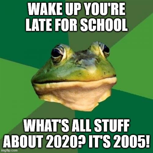 Foul Bachelor Frog | WAKE UP YOU'RE LATE FOR SCHOOL; WHAT'S ALL STUFF ABOUT 2020? IT'S 2005! | image tagged in memes,foul bachelor frog,memes | made w/ Imgflip meme maker