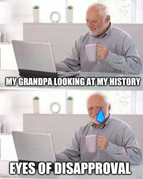 Hide the Pain Harold | MY GRANDPA LOOKING AT MY HISTORY; EYES OF DISAPPROVAL | image tagged in memes,hide the pain harold | made w/ Imgflip meme maker