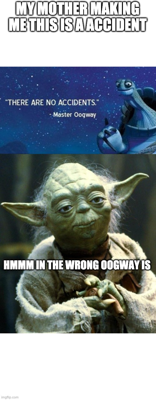 MY MOTHER MAKING ME THIS IS A ACCIDENT; HMMM IN THE WRONG OOGWAY IS | image tagged in oogway,memes,star wars yoda | made w/ Imgflip meme maker