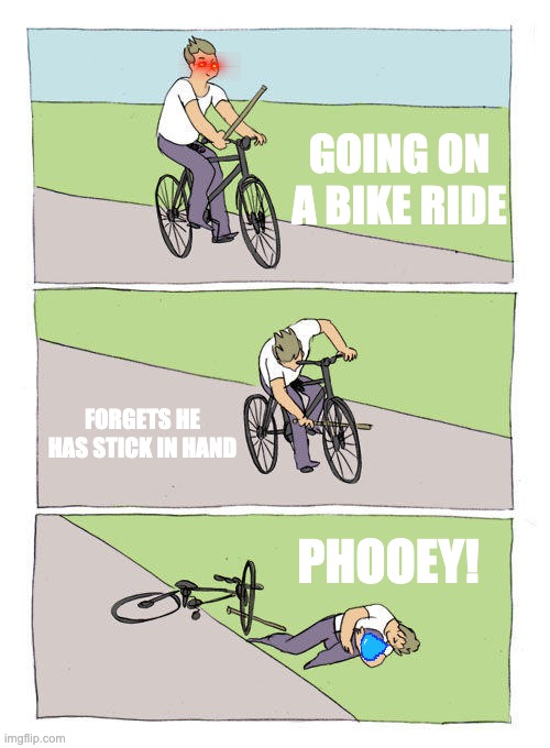 Bike fail | GOING ON A BIKE RIDE; FORGETS HE HAS STICK IN HAND; PHOOEY! | image tagged in memes,bike fall,bike | made w/ Imgflip meme maker