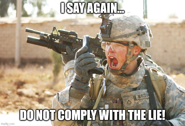 Don't give in to the lie | I SAY AGAIN... DO NOT COMPLY WITH THE LIE! | image tagged in us army soldier yelling radio iraq war | made w/ Imgflip meme maker
