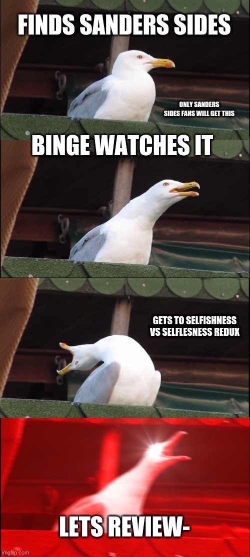 only sanders sides fans will get this |  FINDS SANDERS SIDES; ONLY SANDERS SIDES FANS WILL GET THIS; BINGE WATCHES IT; GETS TO SELFISHNESS VS SELFLESNESS REDUX; LETS REVIEW- | image tagged in memes,inhaling seagull,thomas sanders | made w/ Imgflip meme maker
