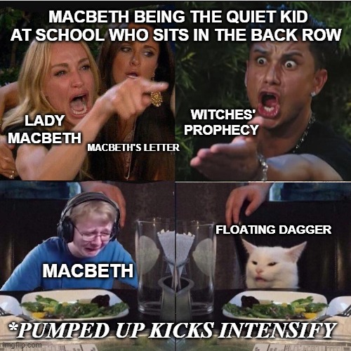Four panel Taylor Armstrong Pauly D CallmeCarson Cat |  MACBETH BEING THE QUIET KID AT SCHOOL WHO SITS IN THE BACK ROW; LADY MACBETH; WITCHES' PROPHECY; MACBETH'S LETTER; FLOATING DAGGER; *PUMPED UP KICKS INTENSIFY; MACBETH | image tagged in four panel taylor armstrong pauly d callmecarson cat | made w/ Imgflip meme maker