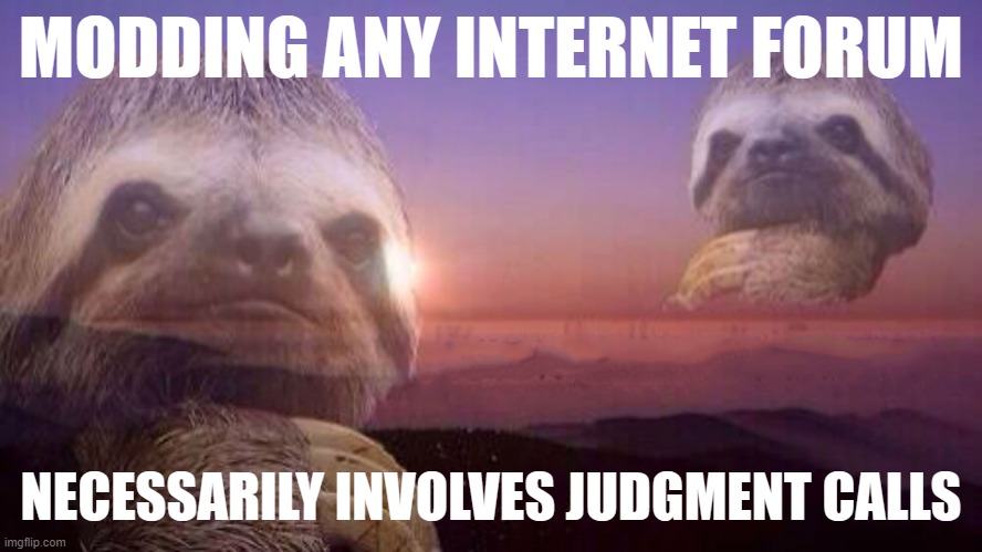 Modding does involve judgment calls. Could it be otherwise? | MODDING ANY INTERNET FORUM; NECESSARILY INVOLVES JUDGMENT CALLS | image tagged in sloth knowledge is power without words,imgflip mods | made w/ Imgflip meme maker