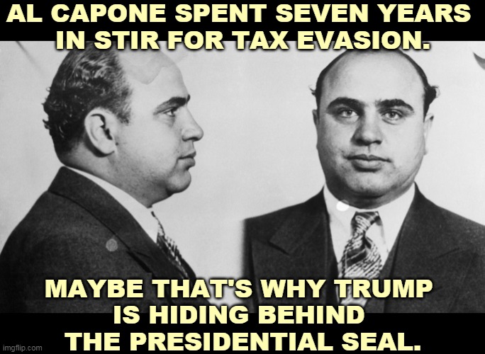 No wonder Trump refused to give us his taxes. | AL CAPONE SPENT SEVEN YEARS 
IN STIR FOR TAX EVASION. MAYBE THAT'S WHY TRUMP 
IS HIDING BEHIND 
THE PRESIDENTIAL SEAL. | image tagged in al capone,crook,tax returns,trump,cheat | made w/ Imgflip meme maker