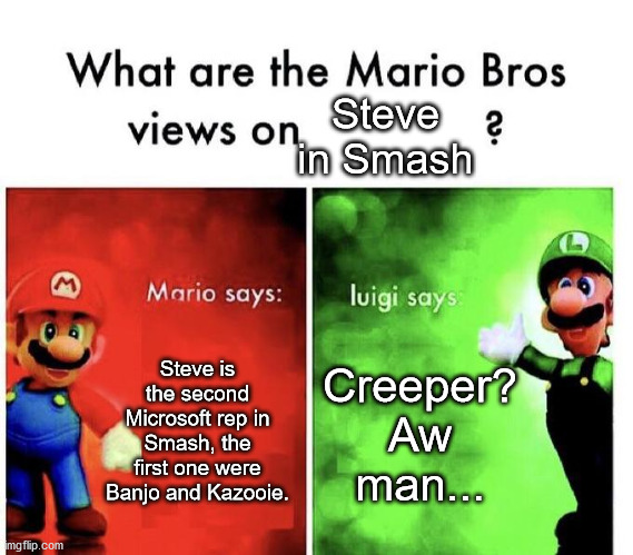 Mario Bros Views | Steve in Smash; Steve is the second Microsoft rep in Smash, the first one were Banjo and Kazooie. Creeper? Aw man... | image tagged in mario bros views,mario,luigi,minecraft steve,smash bros | made w/ Imgflip meme maker