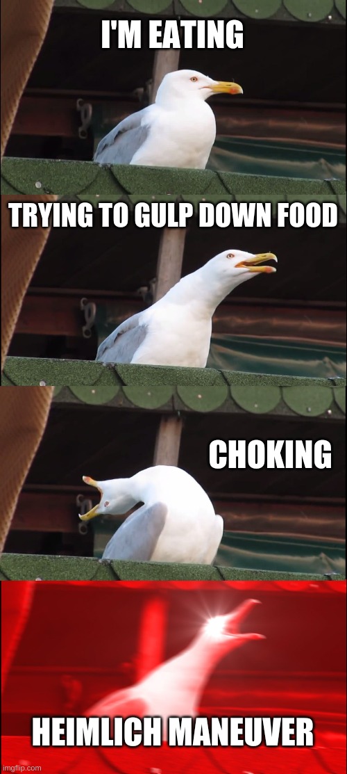 Inhaling Seagull Meme | I'M EATING; TRYING TO GULP DOWN FOOD; CHOKING; HEIMLICH MANEUVER | image tagged in memes,inhaling seagull,eating,food | made w/ Imgflip meme maker