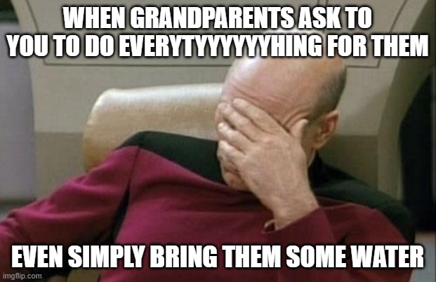 true | WHEN GRANDPARENTS ASK TO YOU TO DO EVERYTYYYYYYHING FOR THEM; EVEN SIMPLY BRING THEM SOME WATER | image tagged in memes,captain picard facepalm | made w/ Imgflip meme maker