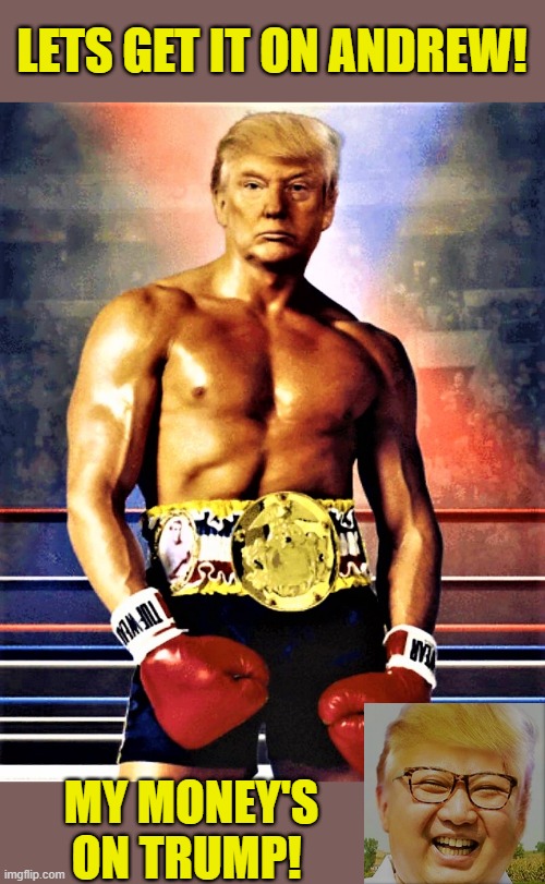 Trump the boxer | LETS GET IT ON ANDREW! MY MONEY'S ON TRUMP! | image tagged in political meme,donald trump,fighter,boxer,andrew cuomo,kim jong un | made w/ Imgflip meme maker
