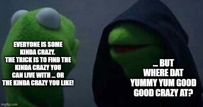Yummy Yum Good Good Crazy 2 | EVERYONE IS SOME KINDA CRAZY. 
THE TRICK IS TO FIND THE KINDA CRAZY YOU CAN LIVE WITH ... OR THE KINDA CRAZY YOU LIKE! ... BUT WHERE DAT YUMMY YUM GOOD GOOD CRAZY AT? | image tagged in me and also me | made w/ Imgflip meme maker