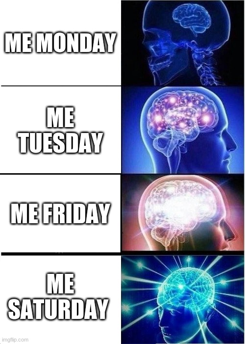 Expanding Brain Meme | ME MONDAY; ME TUESDAY; ME FRIDAY; ME SATURDAY | image tagged in memes,expanding brain | made w/ Imgflip meme maker