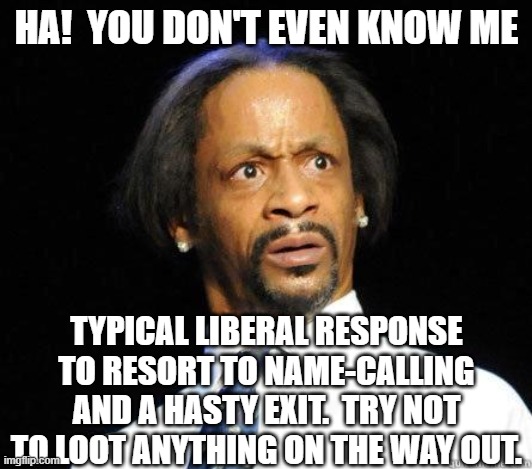 Katt Williams WTF Meme | HA!  YOU DON'T EVEN KNOW ME TYPICAL LIBERAL RESPONSE TO RESORT TO NAME-CALLING AND A HASTY EXIT.  TRY NOT TO LOOT ANYTHING ON THE WAY OUT. | image tagged in katt williams wtf meme | made w/ Imgflip meme maker