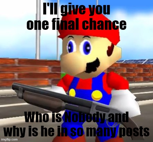 WHO IS HE? | I'll give you one final chance; Who is Nobody and why is he in so many posts | image tagged in smg4 shotgun mario,nobody,mario,memes | made w/ Imgflip meme maker