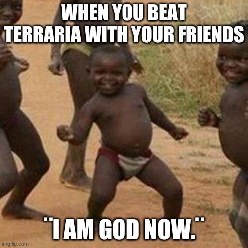 Third World Success Kid Meme | WHEN YOU BEAT TERRARIA WITH YOUR FRIENDS; ¨I AM GOD NOW.¨ | image tagged in memes,third world success kid | made w/ Imgflip meme maker