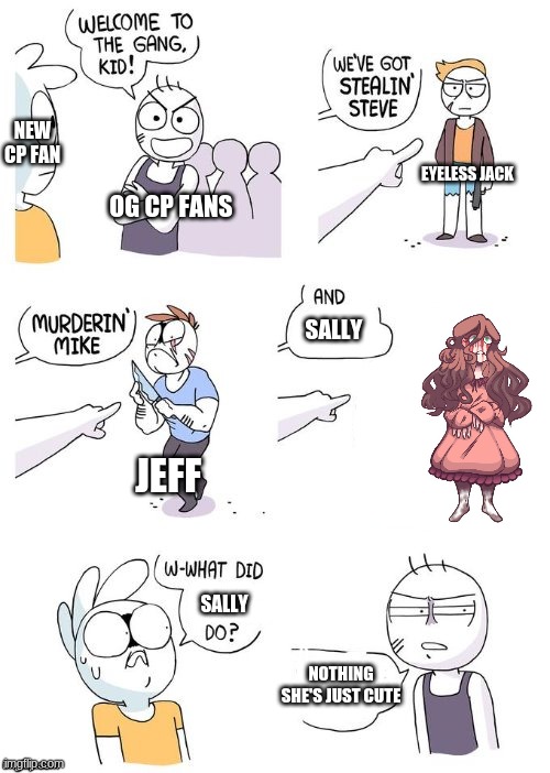 Crimes Johnson | NEW CP FAN; EYELESS JACK; OG CP FANS; SALLY; JEFF; SALLY; NOTHING SHE'S JUST CUTE | image tagged in crimes johnson | made w/ Imgflip meme maker
