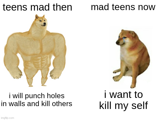 Buff Doge vs. Cheems | teens mad then; mad teens now; i will punch holes in walls and kill others; i want to kill my self | image tagged in memes,buff doge vs cheems | made w/ Imgflip meme maker