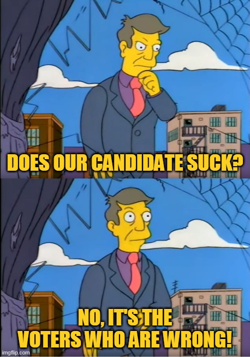 Does our candidate suck? | DOES OUR CANDIDATE SUCK? NO, IT'S THE VOTERS WHO ARE WRONG! | image tagged in simpsons skinner am i out of touch | made w/ Imgflip meme maker