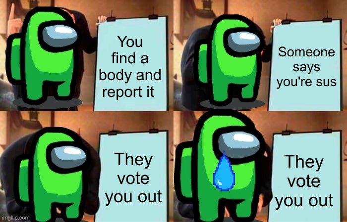 Gru's Plan | You find a body and report it; Someone says you're sus; They vote you out; They vote you out | image tagged in memes,gru's plan | made w/ Imgflip meme maker