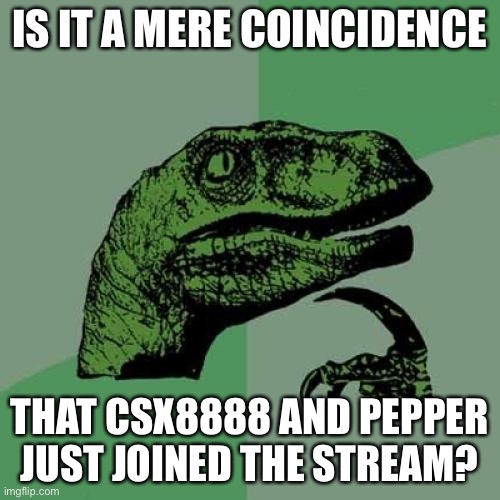 ... | IS IT A MERE COINCIDENCE; THAT CSX8888 AND PEPPER JUST JOINED THE STREAM? | image tagged in memes,philosoraptor,imgflip | made w/ Imgflip meme maker