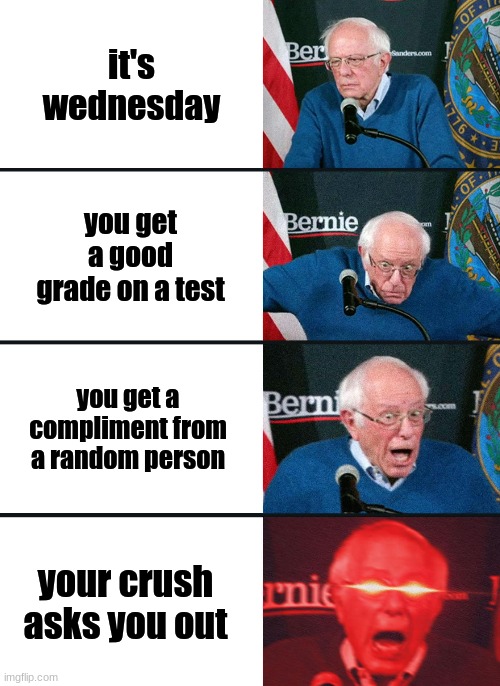 it's the best day everrrrr | it's wednesday; you get a good grade on a test; you get a compliment from a random person; your crush asks you out | image tagged in bernie sanders reaction nuked,memes,good | made w/ Imgflip meme maker