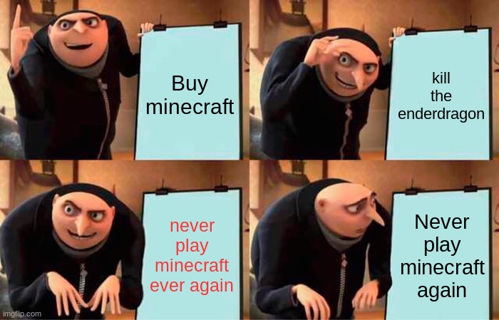Gru's Plan Meme | Buy minecraft; kill the enderdragon; never play minecraft ever again; Never play minecraft again | image tagged in memes,gru's plan | made w/ Imgflip meme maker