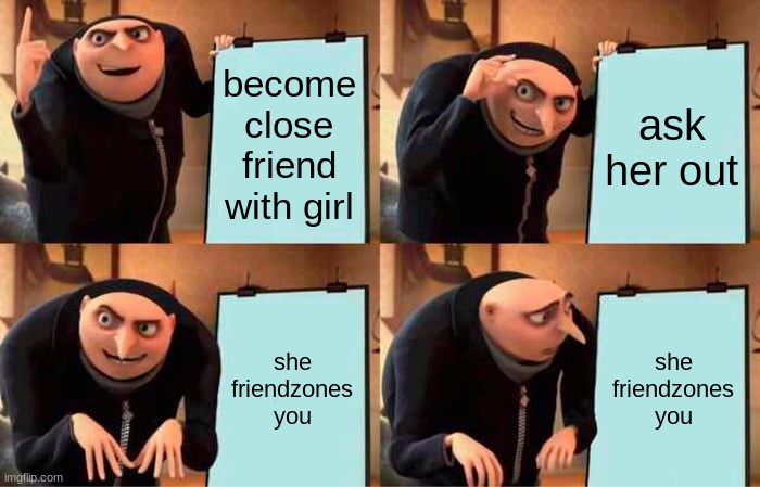 oof | become close friend with girl; ask her out; she friendzones you; she friendzones you | image tagged in memes,gru's plan | made w/ Imgflip meme maker
