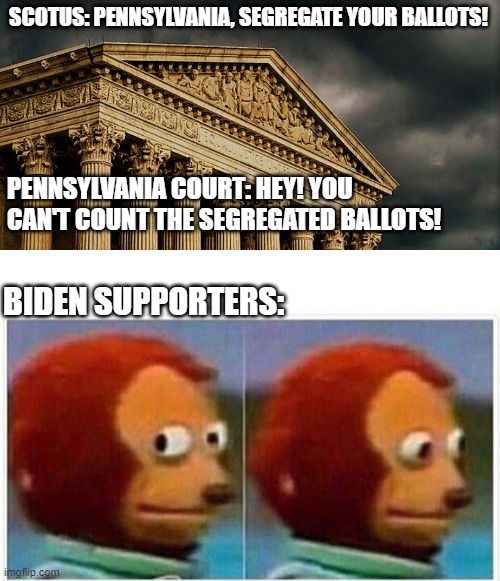 Uh oh. | SCOTUS: PENNSYLVANIA, SEGREGATE YOUR BALLOTS! PENNSYLVANIA COURT: HEY! YOU CAN'T COUNT THE SEGREGATED BALLOTS! BIDEN SUPPORTERS: | image tagged in scotus building,memes,monkey puppet,politics,2020 | made w/ Imgflip meme maker