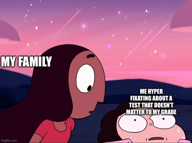 AAAAAA | MY FAMILY; ME HYPER FIXATING ABOUT A TEST THAT DOESN’T MATTER TO MY GRADE | image tagged in steven universe distressed | made w/ Imgflip meme maker