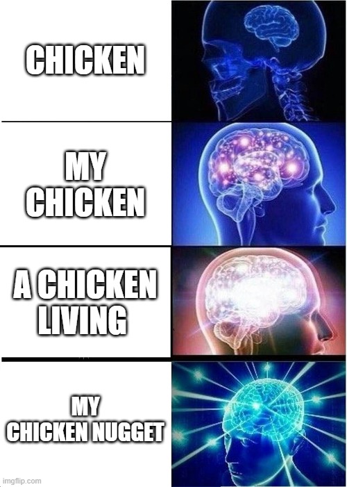 Expanding Brain | CHICKEN; MY CHICKEN; A CHICKEN LIVING; MY CHICKEN NUGGET | image tagged in memes,expanding brain | made w/ Imgflip meme maker