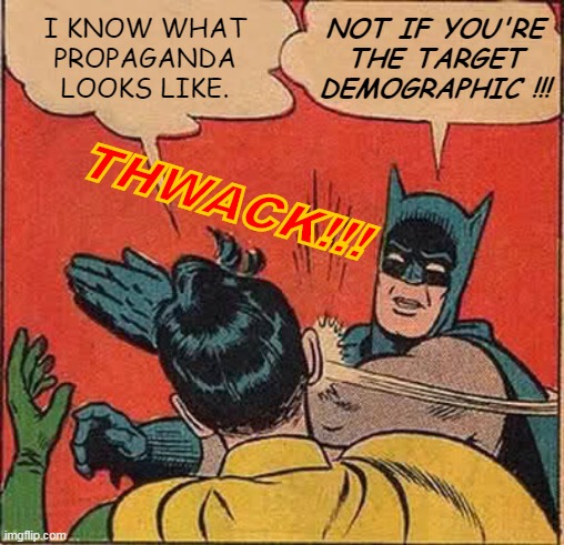 I know what propaganda looks like... | I KNOW WHAT
PROPAGANDA
LOOKS LIKE. NOT IF YOU'RE
THE TARGET
DEMOGRAPHIC !!! THWACK!!! | image tagged in memes,batman slapping robin,propaganda,corporate media,governments lie,experts lie | made w/ Imgflip meme maker