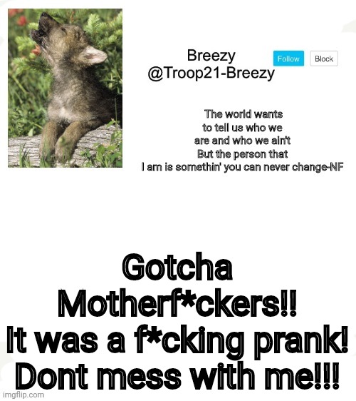 Me and Drizzy played a prank on yall! | Gotcha Motherf*ckers!!
It was a f*cking prank!
Dont mess with me!!! | image tagged in trooper21-breezy template | made w/ Imgflip meme maker