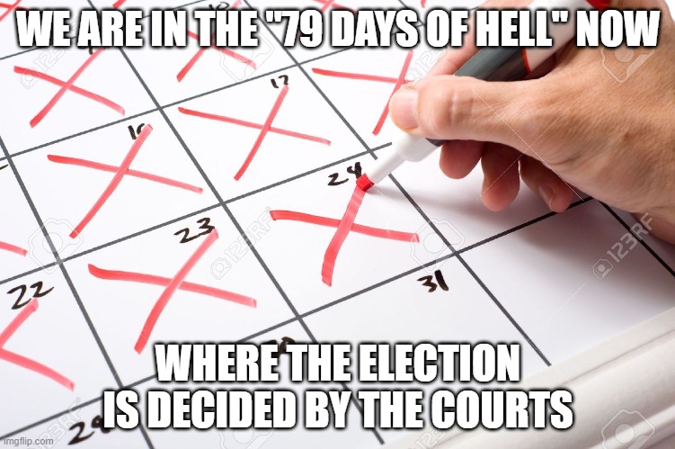 79 Days of Hell | WE ARE IN THE "79 DAYS OF HELL" NOW; WHERE THE ELECTION IS DECIDED BY THE COURTS | image tagged in calendar,election 2020,trump,biden | made w/ Imgflip meme maker