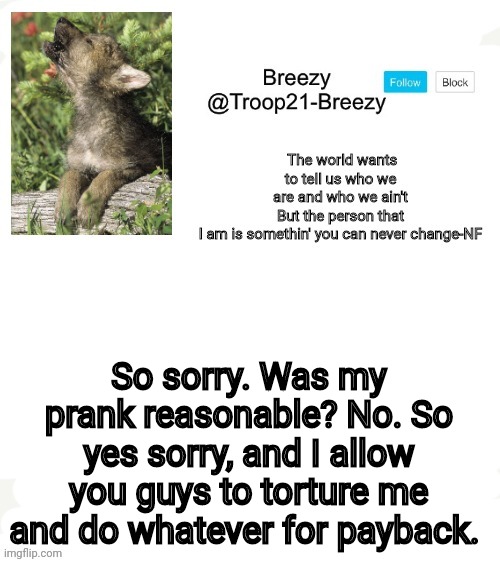 Trooper21-Breezy template | So sorry. Was my prank reasonable? No. So yes sorry, and I allow you guys to torture me and do whatever for payback. | image tagged in trooper21-breezy template | made w/ Imgflip meme maker