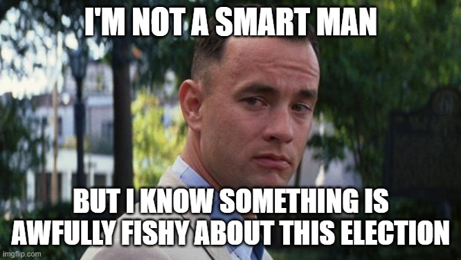 I'm Not A Smart Man... But I know something is awfully fishy about this election | I'M NOT A SMART MAN; BUT I KNOW SOMETHING IS AWFULLY FISHY ABOUT THIS ELECTION | image tagged in forrest gump | made w/ Imgflip meme maker