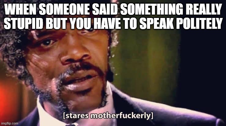 Samuel Jackson stares mother-ly | WHEN SOMEONE SAID SOMETHING REALLY STUPID BUT YOU HAVE TO SPEAK POLITELY | image tagged in samuel jackson stares mother-ly,stares,samuel l jackson,stupid,stupid people | made w/ Imgflip meme maker