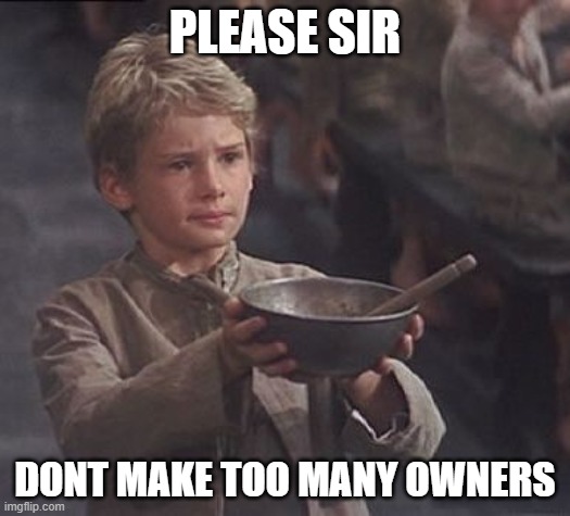 DONT OTHER OWNERS | PLEASE SIR; DONT MAKE TOO MANY OWNERS | image tagged in please sir may i have some more | made w/ Imgflip meme maker