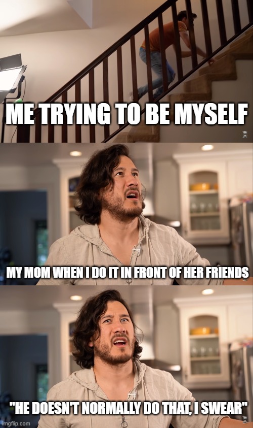 Me In Front of My Mom's Friends | ME TRYING TO BE MYSELF; MY MOM WHEN I DO IT IN FRONT OF HER FRIENDS; "HE DOESN'T NORMALLY DO THAT, I SWEAR" | image tagged in funny,markiplier,memes | made w/ Imgflip meme maker