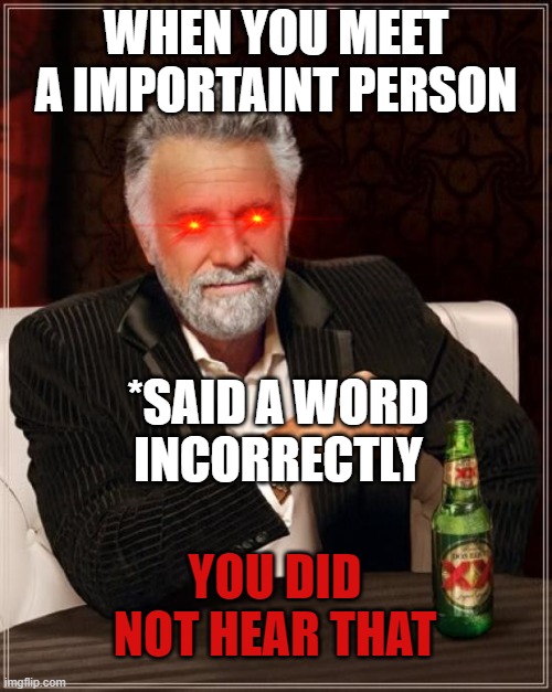 The Most Interesting Man In The World |  WHEN YOU MEET A IMPORTAINT PERSON; *SAID A WORD INCORRECTLY; YOU DID NOT HEAR THAT | image tagged in memes,the most interesting man in the world | made w/ Imgflip meme maker