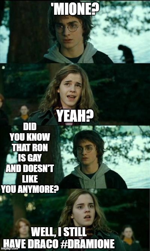 Harry Potter and Hermione | 'MIONE? DID YOU KNOW THAT RON IS GAY AND DOESN'T LIKE YOU ANYMORE? YEAH? WELL, I STILL HAVE DRACO #DRAMIONE | image tagged in harry potter and hermione | made w/ Imgflip meme maker