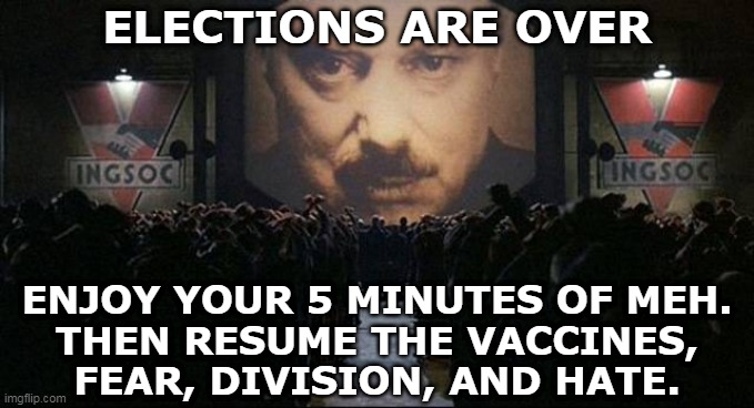 Elections are over... | ELECTIONS ARE OVER; ENJOY YOUR 5 MINUTES OF MEH. 
 THEN RESUME THE VACCINES, 
 FEAR, DIVISION, AND HATE. | image tagged in big brother 1984,vaccines,agenda 21,corporatocracy,technocracy,2020 elections | made w/ Imgflip meme maker