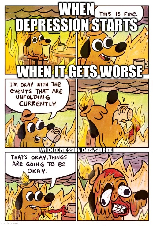This is Fine Dog | WHEN DEPRESSION STARTS; WHEN IT GETS WORSE; WHEN DEPRESSION ENDS/SUICIDE | image tagged in this is fine dog | made w/ Imgflip meme maker