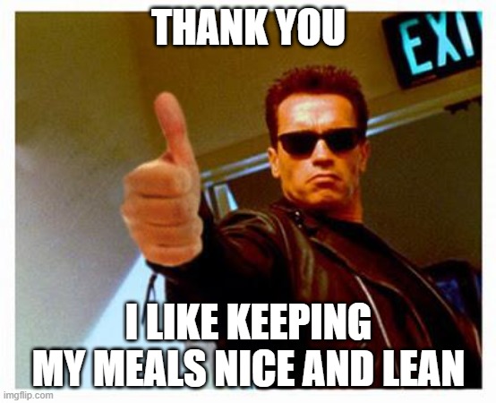 terminator thumbs up | THANK YOU I LIKE KEEPING MY MEALS NICE AND LEAN | image tagged in terminator thumbs up | made w/ Imgflip meme maker