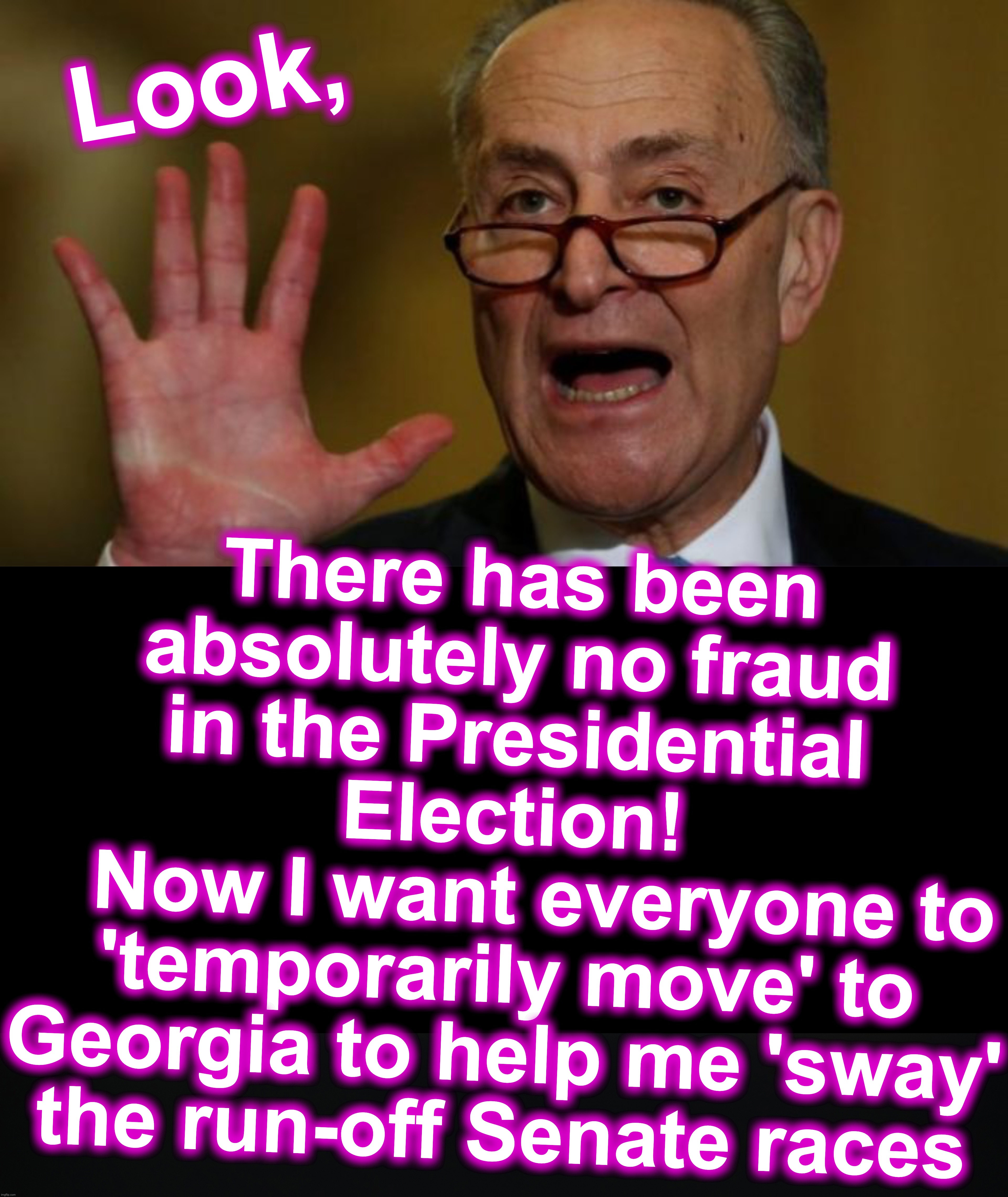 Look, There has been absolutely no fraud in the Presidential Election!
   Now I want everyone to 'temporarily move' to Georgia to help me 'sway' the run-off Senate races | image tagged in chuck schumer,election fraud | made w/ Imgflip meme maker