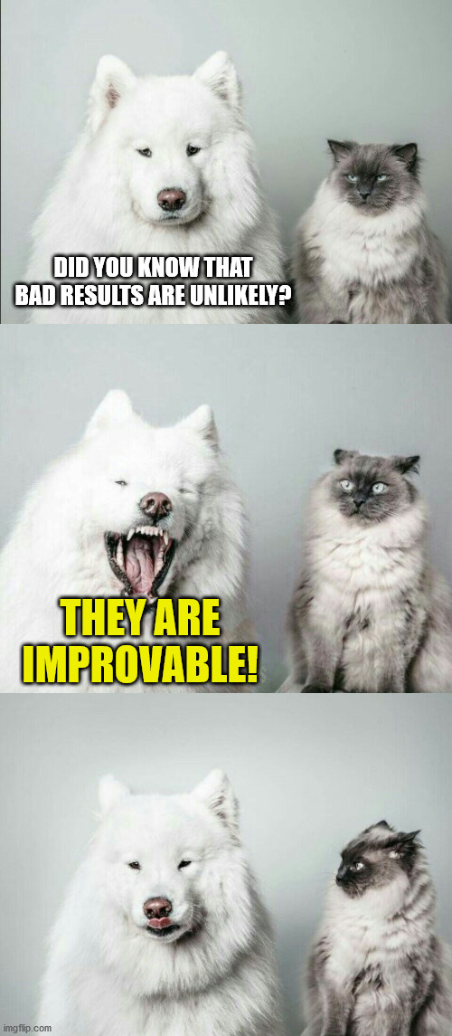 bad joke dog cat | DID YOU KNOW THAT BAD RESULTS ARE UNLIKELY? THEY ARE
IMPROVABLE! | image tagged in bad joke dog cat | made w/ Imgflip meme maker