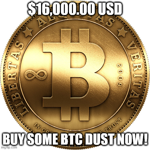 BTC $16,000.00 USD | $16,000.00 USD; BUY SOME BTC DUST NOW! | image tagged in bitcoin | made w/ Imgflip meme maker